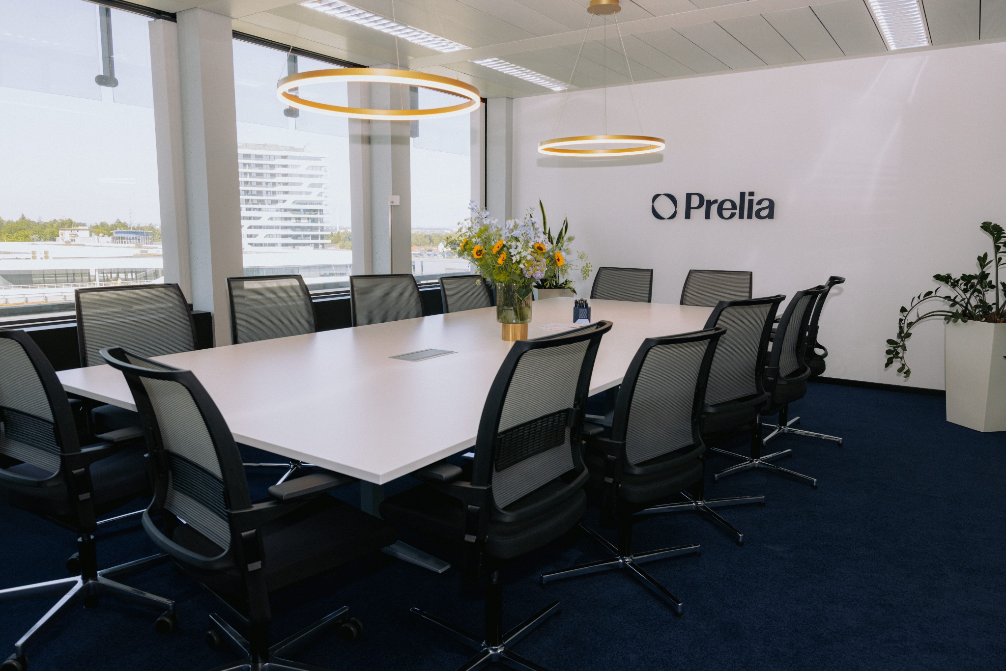 Besprechungsraum von Prelia mit Tisch, Stühlen und großen Fenstern.
